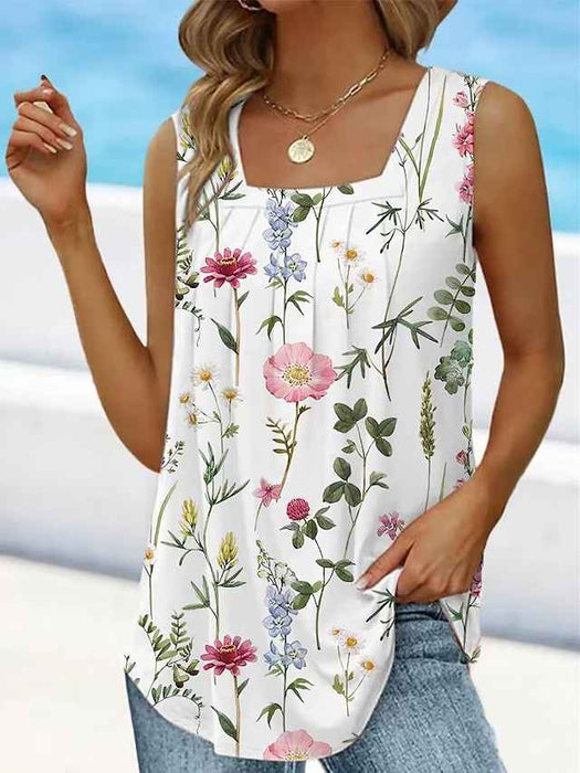 Women's Tank Top White Blue Green Floral Print Sleeveless Casual Holiday