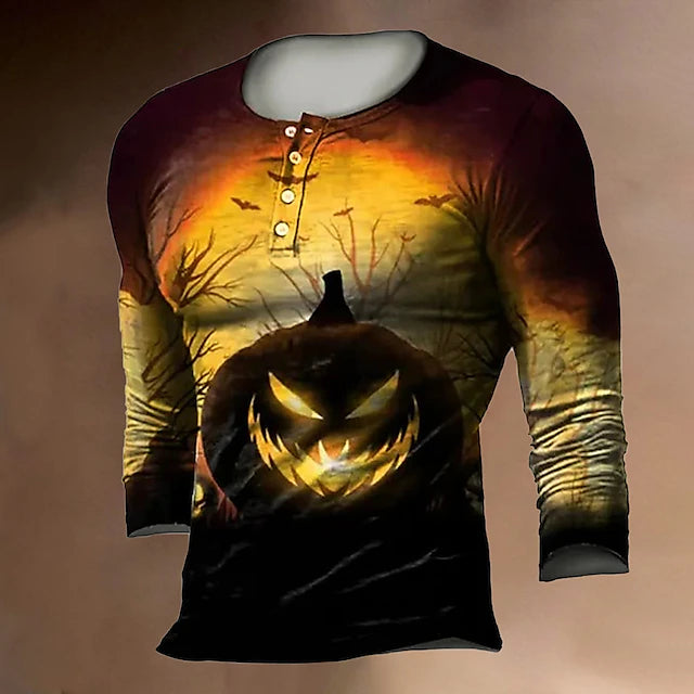 Pumpkin Graphic Prints Fashion Designer Casual Men's 3D Print Henley Shirt Graphic Tee