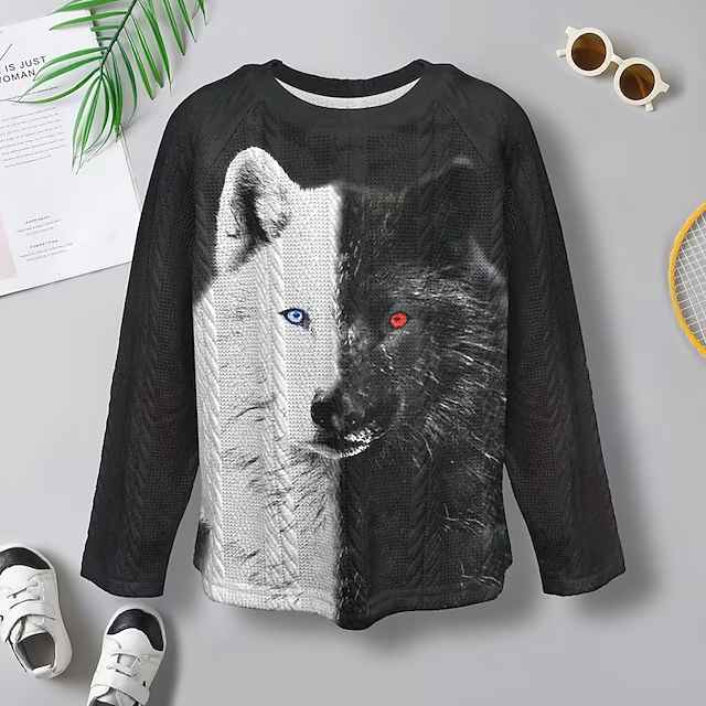 Boys 3D Wolf sweater pullover Long Sleeve 3D Print Fall Winter Fashion