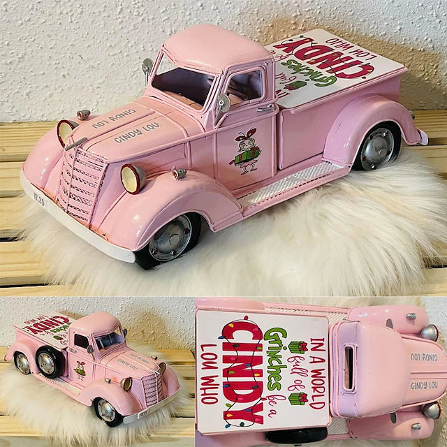 Christmas Vintage Pink Truck Decor, Farmhouse Pink Truck Decorations, Decorative Tabletop Storage