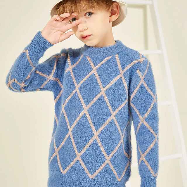 Kids Boys Sweater Plaid Long Sleeve Crewneck Outdoor Fashion Blue Fall Clothes 7-13 Years