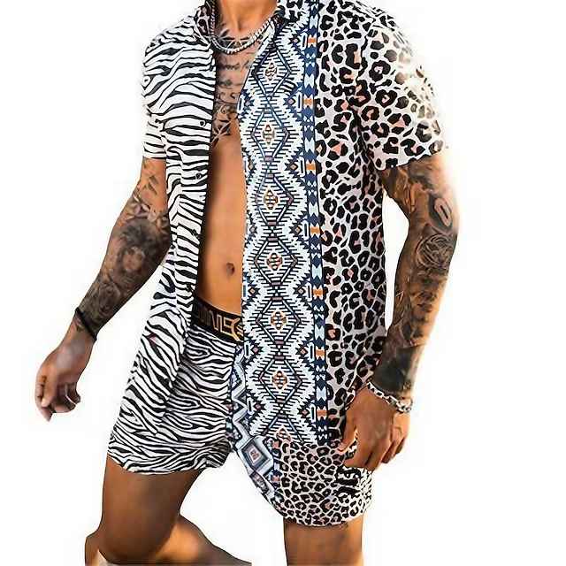 Men's Shirt Set Summer Hawaiian Shirt Leopard Zebra Turndown Black 3D Print