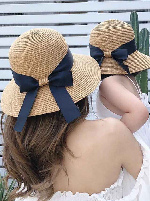 Mommy and Me Straw Hats Casual Bowknot Design Brown Family Photo Matching Outfits Mom and Daughter