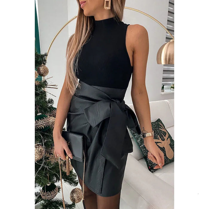 Women's Pencil Work Skirts Vegan Leather Black Skirts Fall & Winter Ruched Split Fashion Office