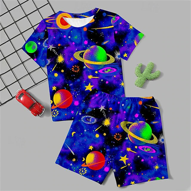 Boys 3D Galaxy Tee & Pants Pajama Set Short Sleeve 3D Print Summer Active