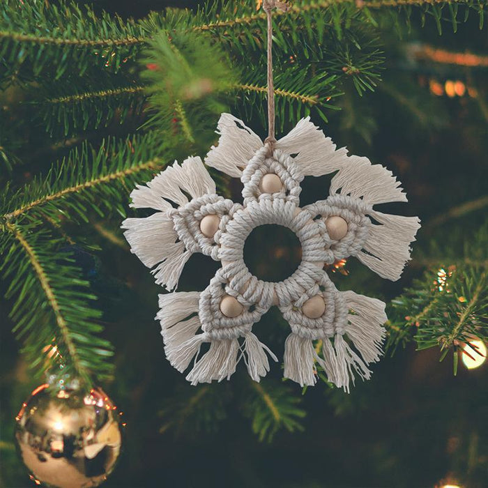 Wooden Bead Handwoven Snowflake Pendant Handmade Cotton Rope Christmas Tree