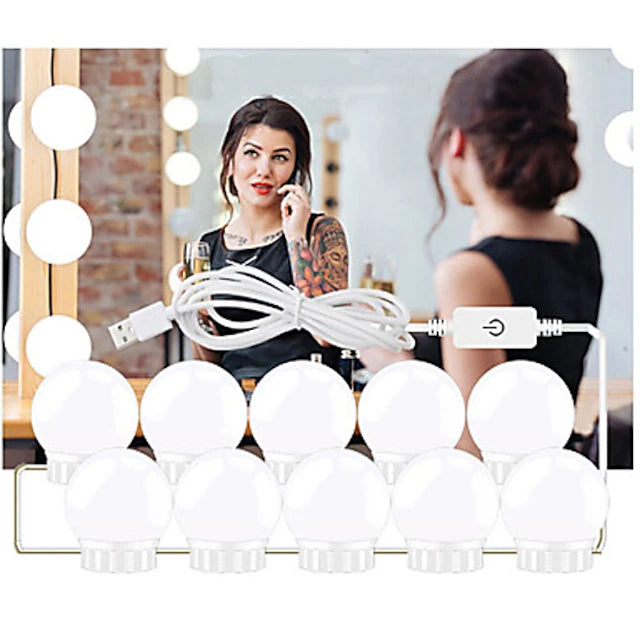 LED Makeup Vanity Lights Stick on Mirror with 10 dimmable Bulbs USB 4.6m 15ft Cable White