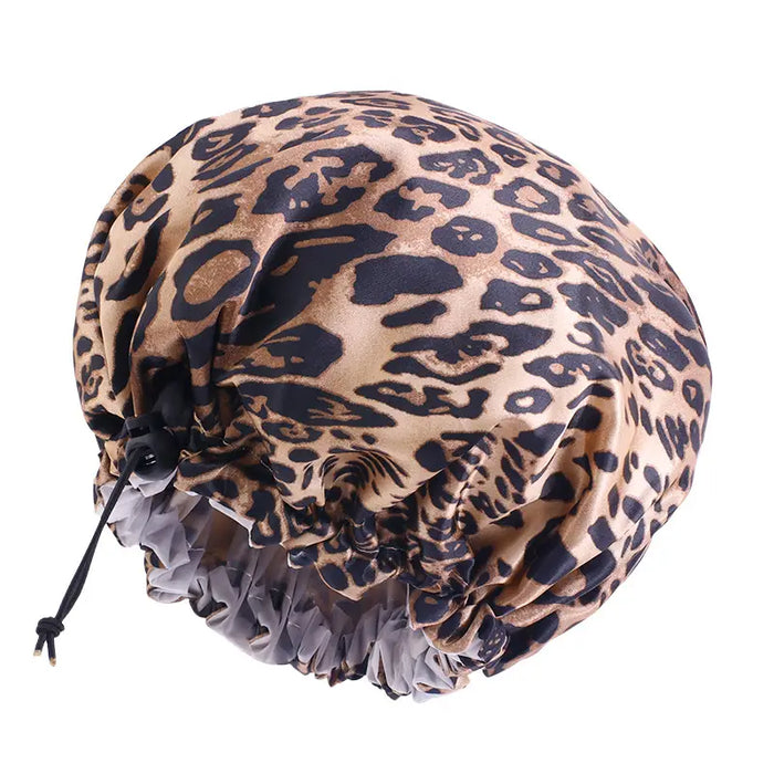Leopard Print Silk Shower Cap, Double Waterproof Layers Shower Cap, Reusable EVA Hair Caps For Hair
