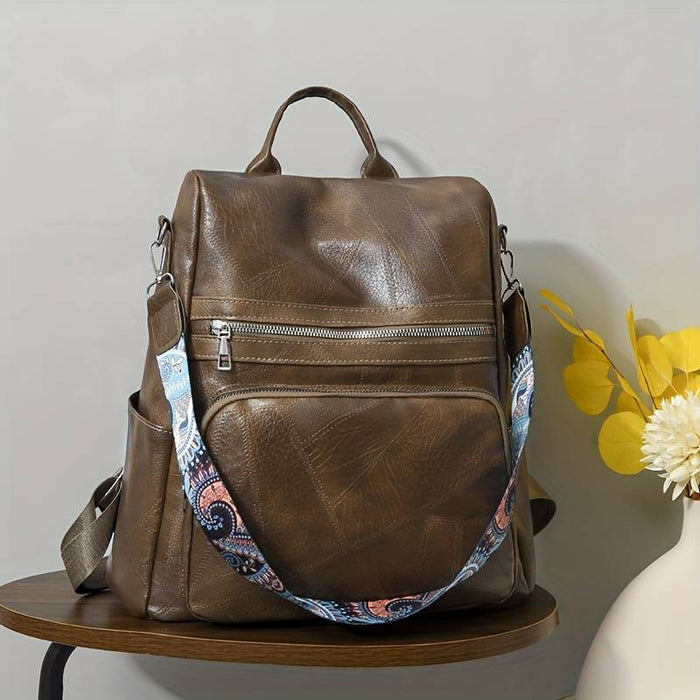 Women's Backpack Functional Backpack School Traveling Solid Color PU Leather Durable Zipper Black Brown Beige