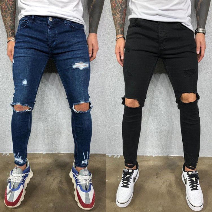 Men's Jeans Skinny Trousers Denim Pants Pocket Ripped Solid Colored Comfort Wearable