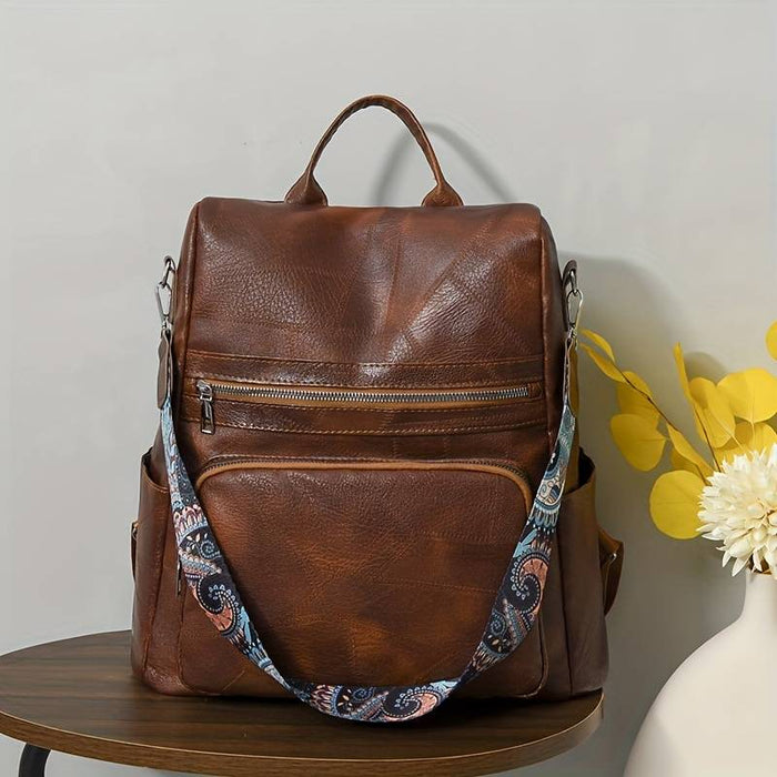 Women's Backpack Functional Backpack School Traveling Solid Color PU Leather Durable Zipper Black Brown Beige