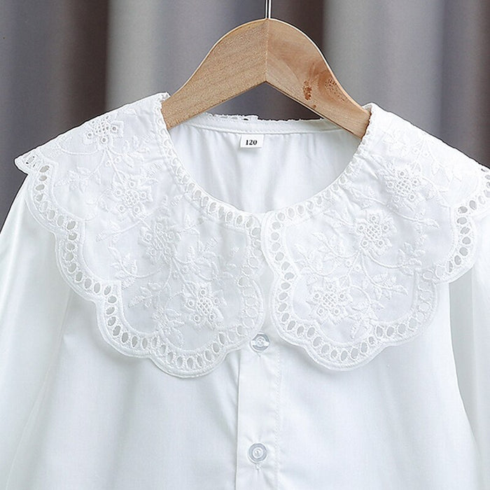 Kids Girls' Back to School Blouse Solid Color School Long Sleeve Lace Cute 7-13 Years Spring White