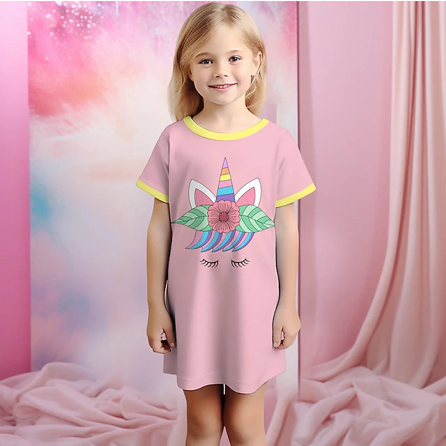 Girls' 3D Unicorn Nightdress Pajamas Pink Short Sleeve 3D Print Summer Active Fashion Cute Polyester Kids 3-12 Years
