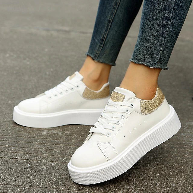 Women's Sneakers White Shoes Sequin Flat Heel Sporty PU Lace-up Silver Black Pink