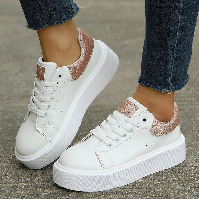 Women's Sneakers White Shoes Sequin Flat Heel Sporty PU Lace-up Silver Black Pink