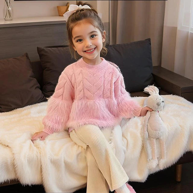 Toddler Girls' Sweater Solid Color School non-printing Long Sleeve Crewneck Active 3-7 Years Fall Ivory white Pink Camel