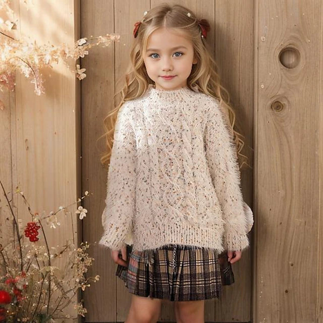 Kids Girls' Sweater Solid Color School Long Sleeve Crewneck Active 4-12 Years Fall Beige #