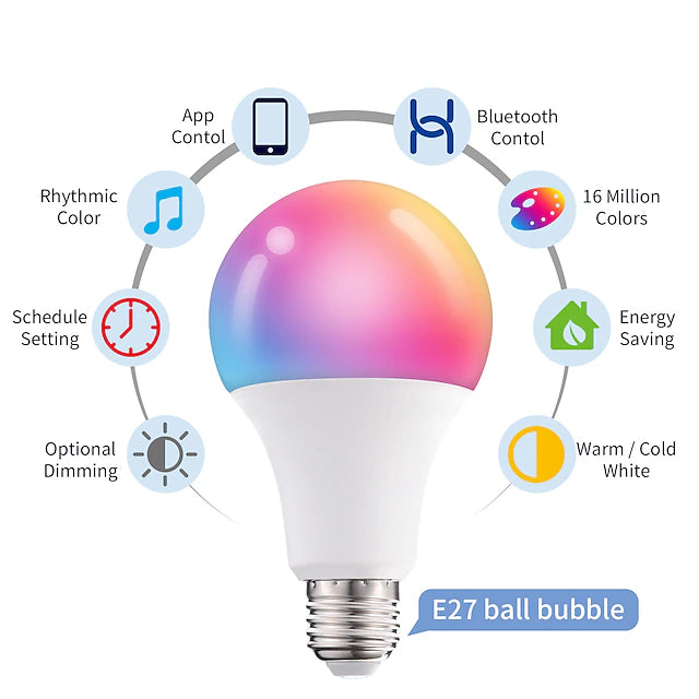 Smart LED light Bulb Music Sync Bluetooth APP Control Dimmable E27 A70 RGBC Color