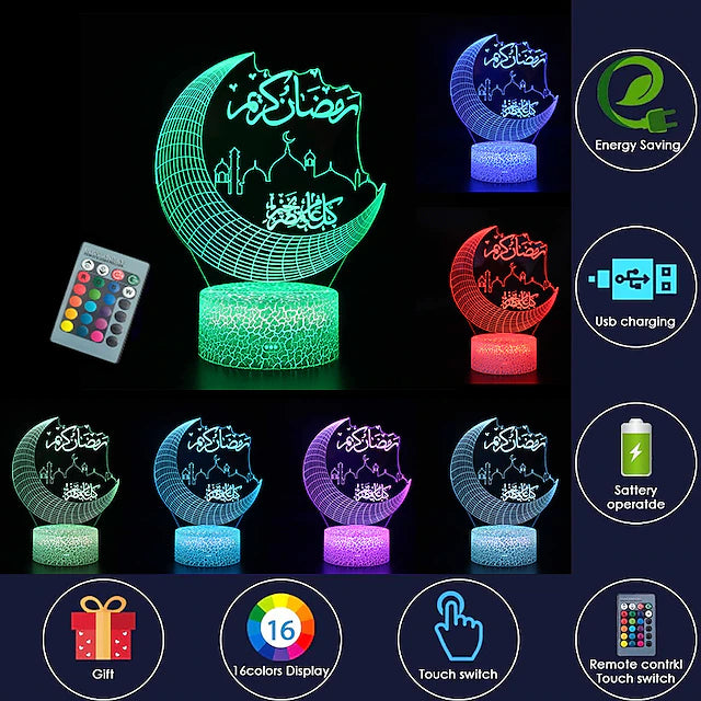 Ramadan 3D Moon Night Light 16 Color Change Remote Control Mubarak Islam Church Night Light Decor