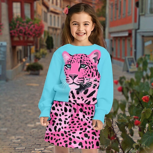 Girls' 3D Graphic Animal Leopard Skirt Set Clothing Set Long Sleeve 3D Print Fall Winter Active
