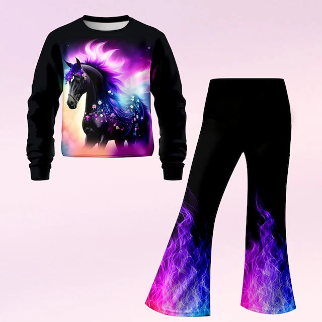 Girls' 3D Floral Horse Set Sweatshirt & Bell bottom Long Sleeve 3D Print Fall Winter Active Fashion