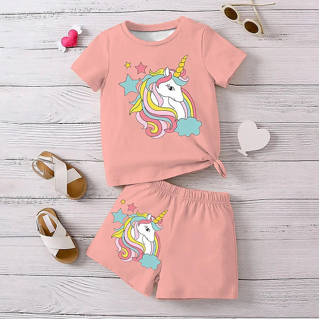Girls' 3D Unicorn Tee & Shorts Pajama Set Pink Short Sleeve 3D Print Summer Active Fashion