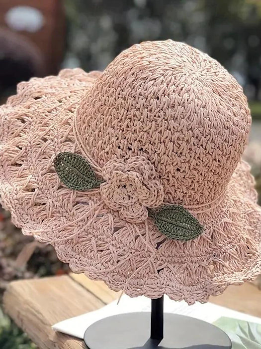 1pcs Trendy Flower Crochet Straw Hat Elegant Solid Color Ruffle
