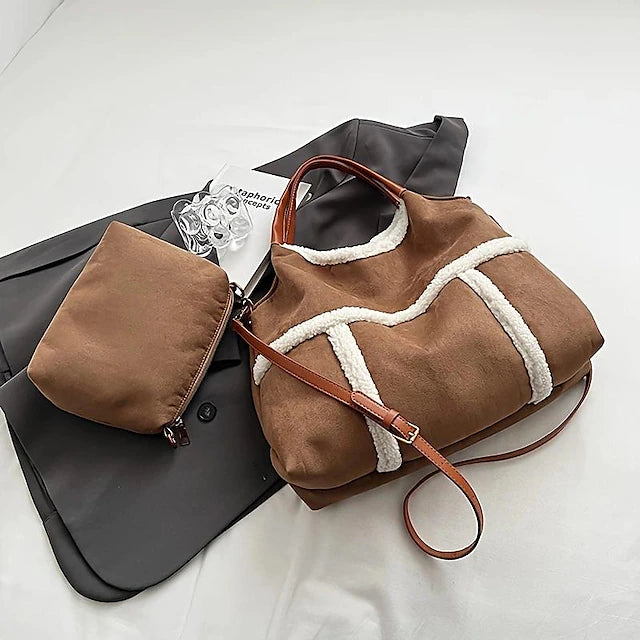 Women's Handbag Tote Bag Set Faux Fur Daily Zipper Large Capacity Color Block Black Brown