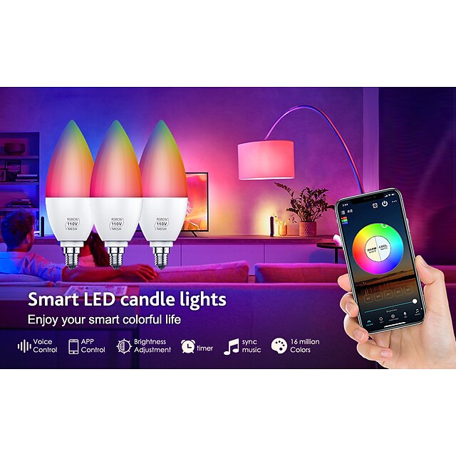 E12 Led Bulb Bluetooth App RGB Candle Lamp Intelligent Lighting 2700K-6500K 4W 110V&4W220V High Quality