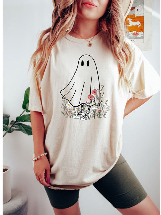 Women's T shirt Tee Halloween Shirt Beige Ghost Print Short Sleeve Halloween