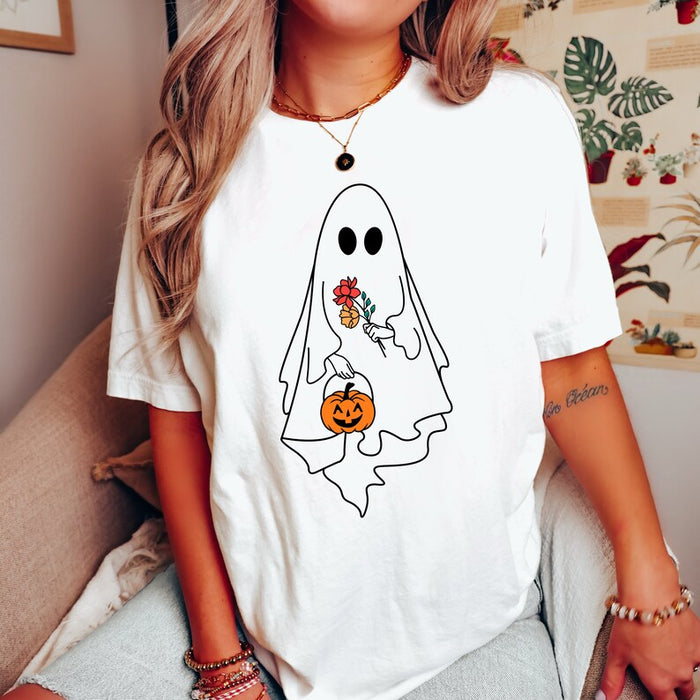 Women's T shirt Tee Halloween Shirt Beige Ghost Print Short Sleeve Halloween