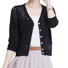 Women's Cardigan Sweater Jumper Crochet Knit Hollow Out Button Solid Color