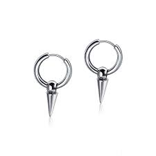 Men's hoop earrings with cross feather tapered ball chain pendant black silver 316l stainless steel