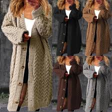 Women's Cardigan Sweater Jumper Cable Chunky Knit Button Solid Color V Neck Stylish