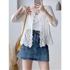 Women's Cardigan Sweater Jumper Crochet Knit Embroidered Hole Solid Color