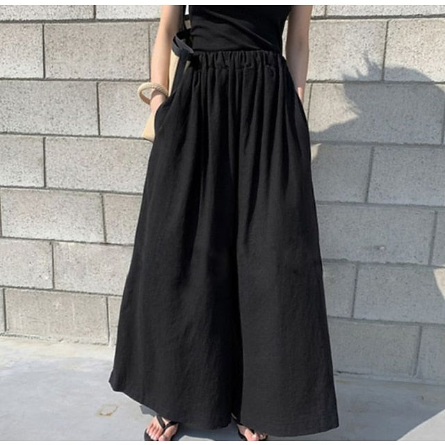 Women's Culottes Wide Leg Linen Pants Maillard Ankle-Length Faux Linen Pocket Baggy