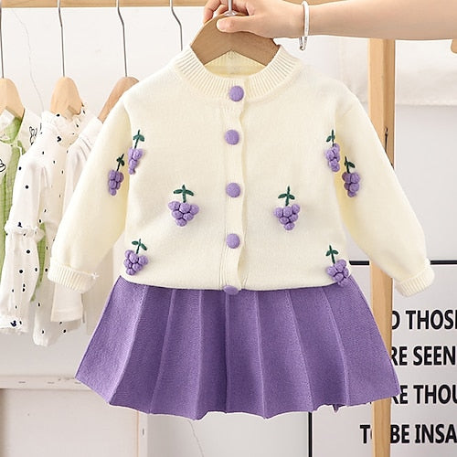 2 Pieces Kids Girls' Strawberry Button Skirt & Sweater Set Long Sleeve Fashion School 3-7 Years