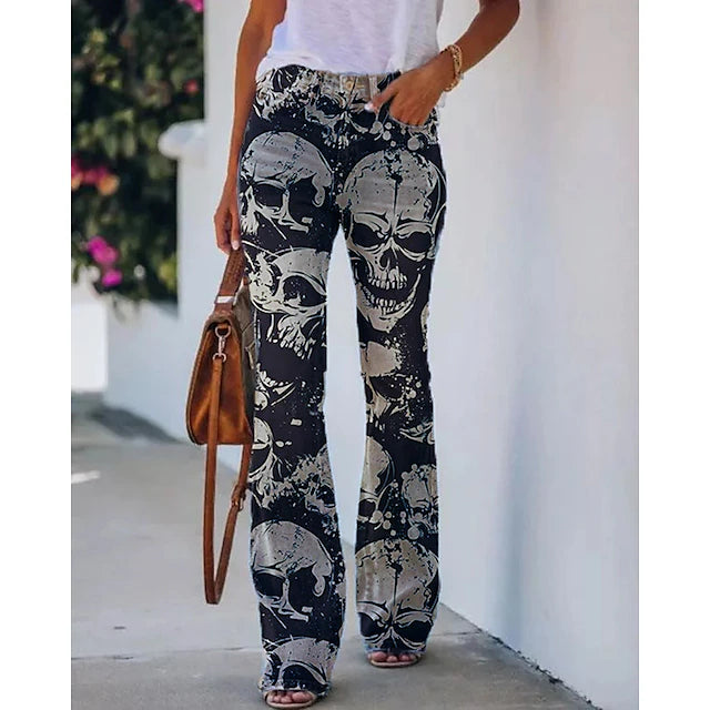 Women's Jeans Flared Pants Side Pockets Wide Leg Print Skull Flower / Floral Full Length Blue