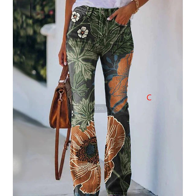 Women's Jeans Flared Pants Side Pockets Wide Leg Print Skull Flower / Floral Full Length Blue