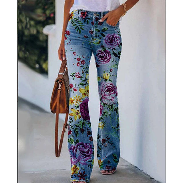 Women's Jeans Flared Pants Side Pockets Wide Leg Print Skull Flower / Floral Full Length Blue