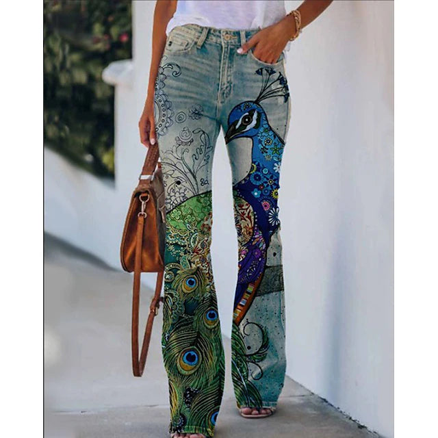 Women's Jeans Flared Pants Side Pockets Wide Leg Print Skull Flower / Floral Full Length Blue