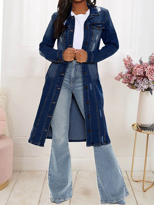 Women's Denim Jacket Jean Jacket Long Trench Coat Windproof with Pockets