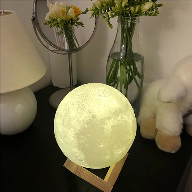 Moon Lamp LED Night Light 3D Printing Moon Light with Wooden Stand
