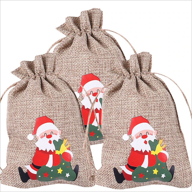 3 Pieces Sackcloth Christmas Gift Bag Christmas Jute Linen Bags Xmas