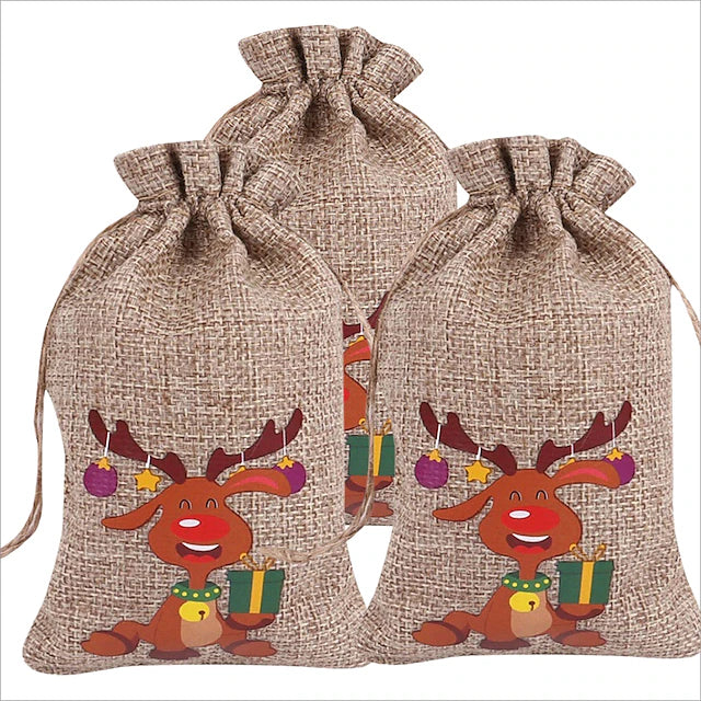 3 Pieces Sackcloth Christmas Gift Bag Christmas Jute Linen Bags Xmas