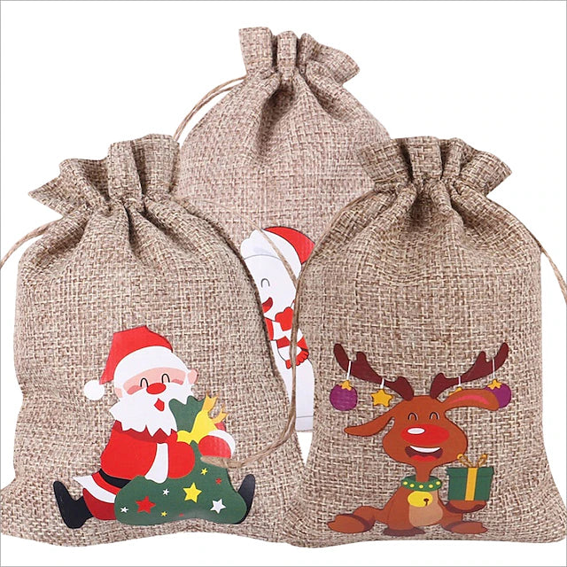 3 Pieces Sackcloth Christmas Gift Bag Christmas Jute Linen Bags Xmas