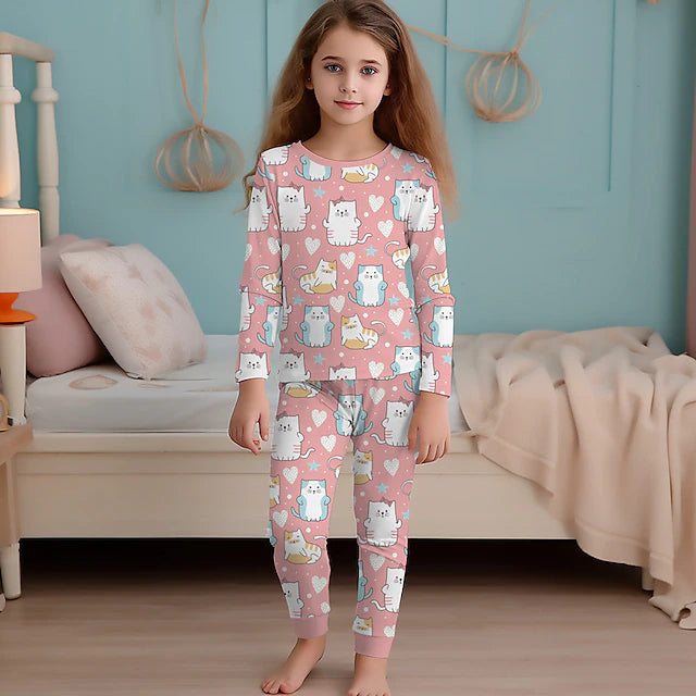 Girls' 3D Cat Pajama Set Pink Long Sleeve 3D Print Fall Winter Active