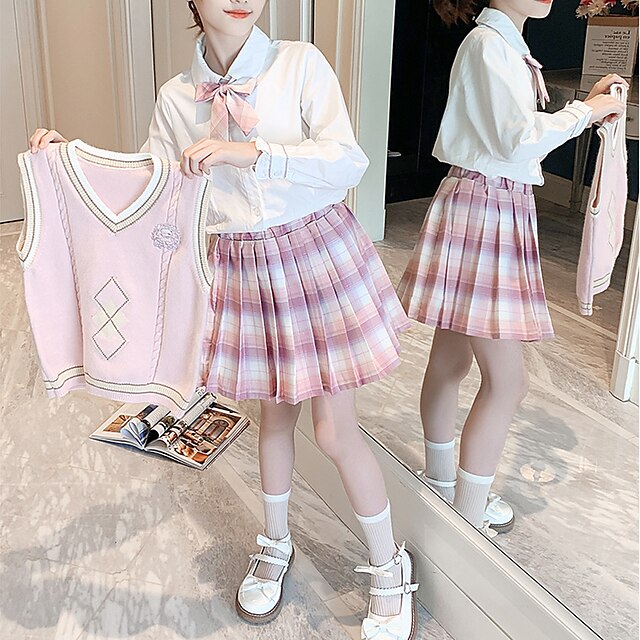 3 Pieces Kids Girls' Solid Color Skirt & Sweater Set Long Sleeve Cute School 7-13 Years Fall Pink Blue