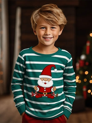 Christmas Boys 3D Santa Claus Stripe Tee Shirt Long Sleeve 3D Print Fall Winter Sports Fashion