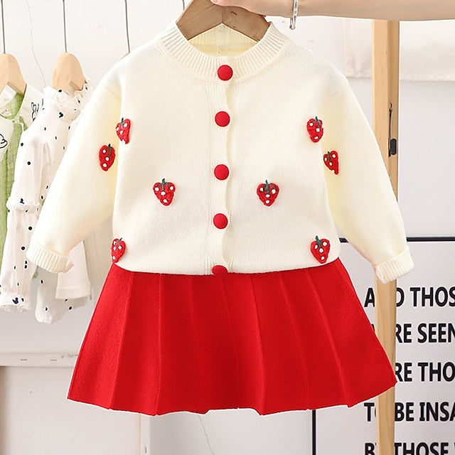 2 Pieces Kids Girls' Strawberry Button Skirt & Sweater Set Long Sleeve Fashion School 3-7 Years